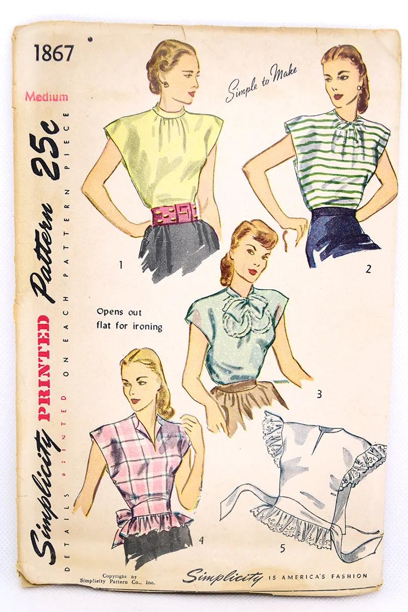 1946 Vintage Simplicity 1867 Blouse Sewing Pattern