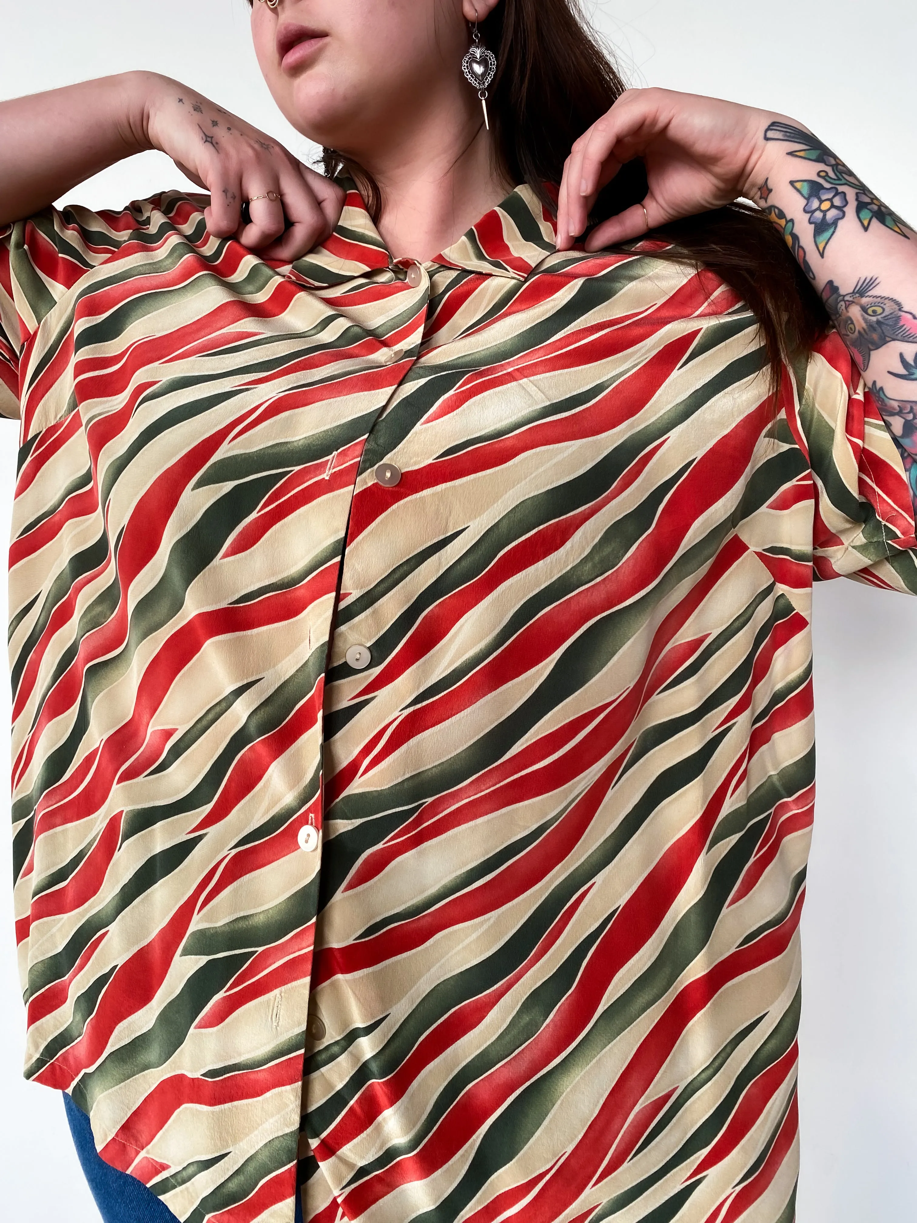 1990s Pink and Green Zebra Striped Button Down, sz. 4X