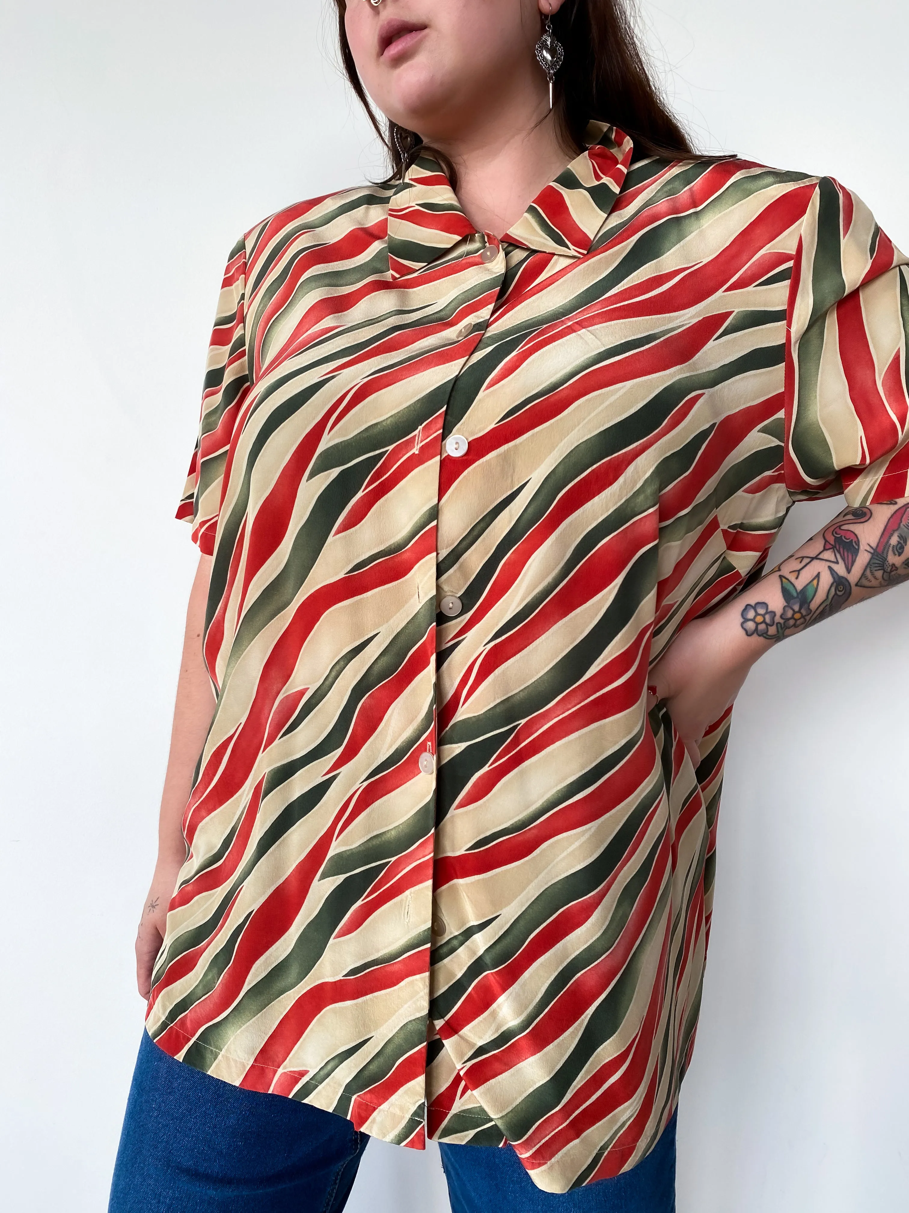 1990s Pink and Green Zebra Striped Button Down, sz. 4X