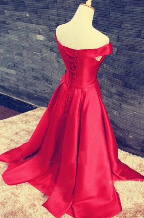 2024 Gorgeous Red Floor-Length/Long A-Line/Princess Off-the-Shoulder Lace Up Satin Prom Dresses