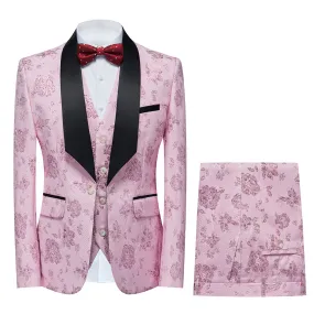 3-Piece Mens Floral Suit Slim Fit 1 Button Shawl Collar Suit Pink