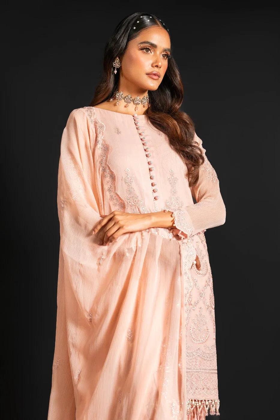 4 Pc Embroidered Chiffon Suit With Chiffon Dupatta