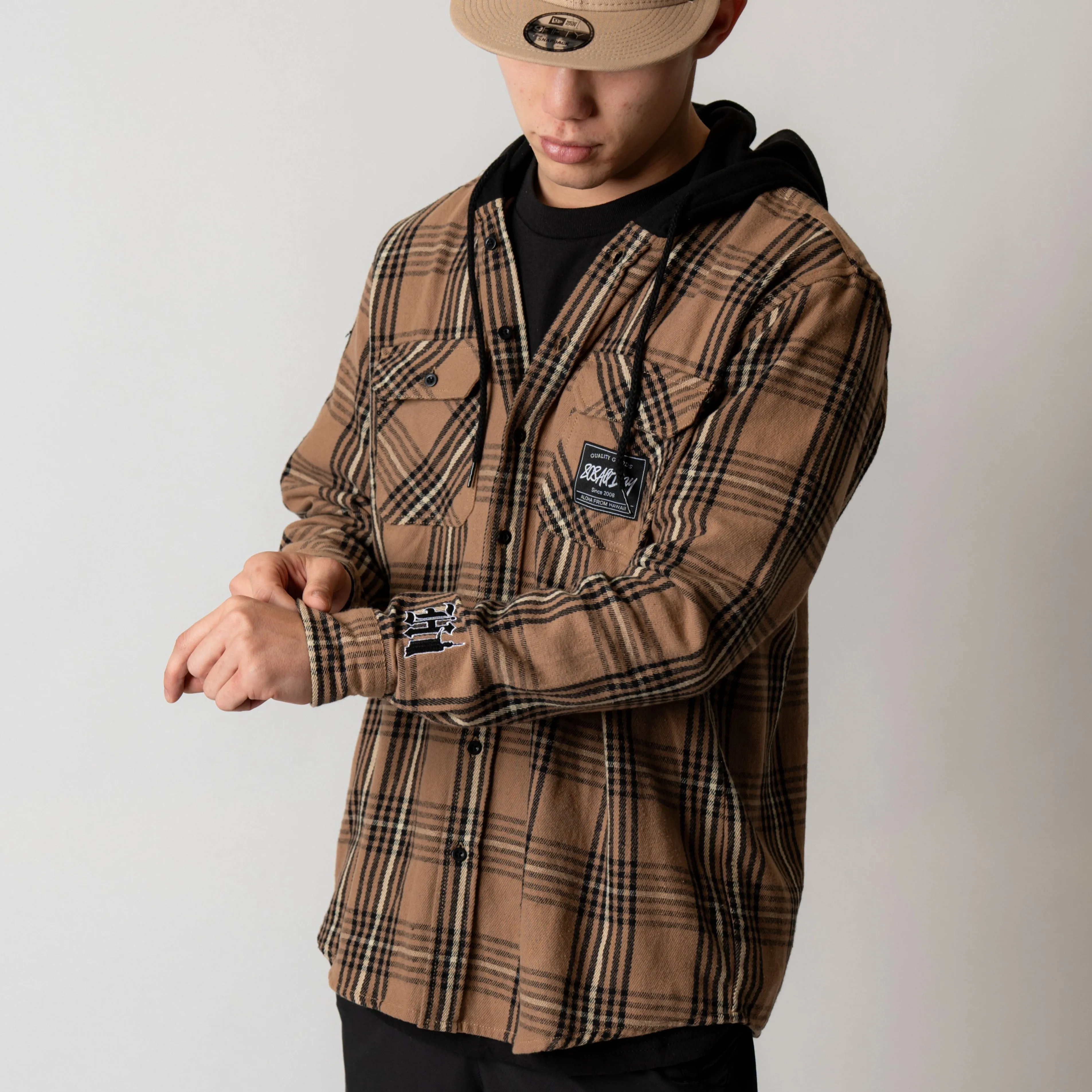 808ALLDAY Tan/Black Hooded Flannel