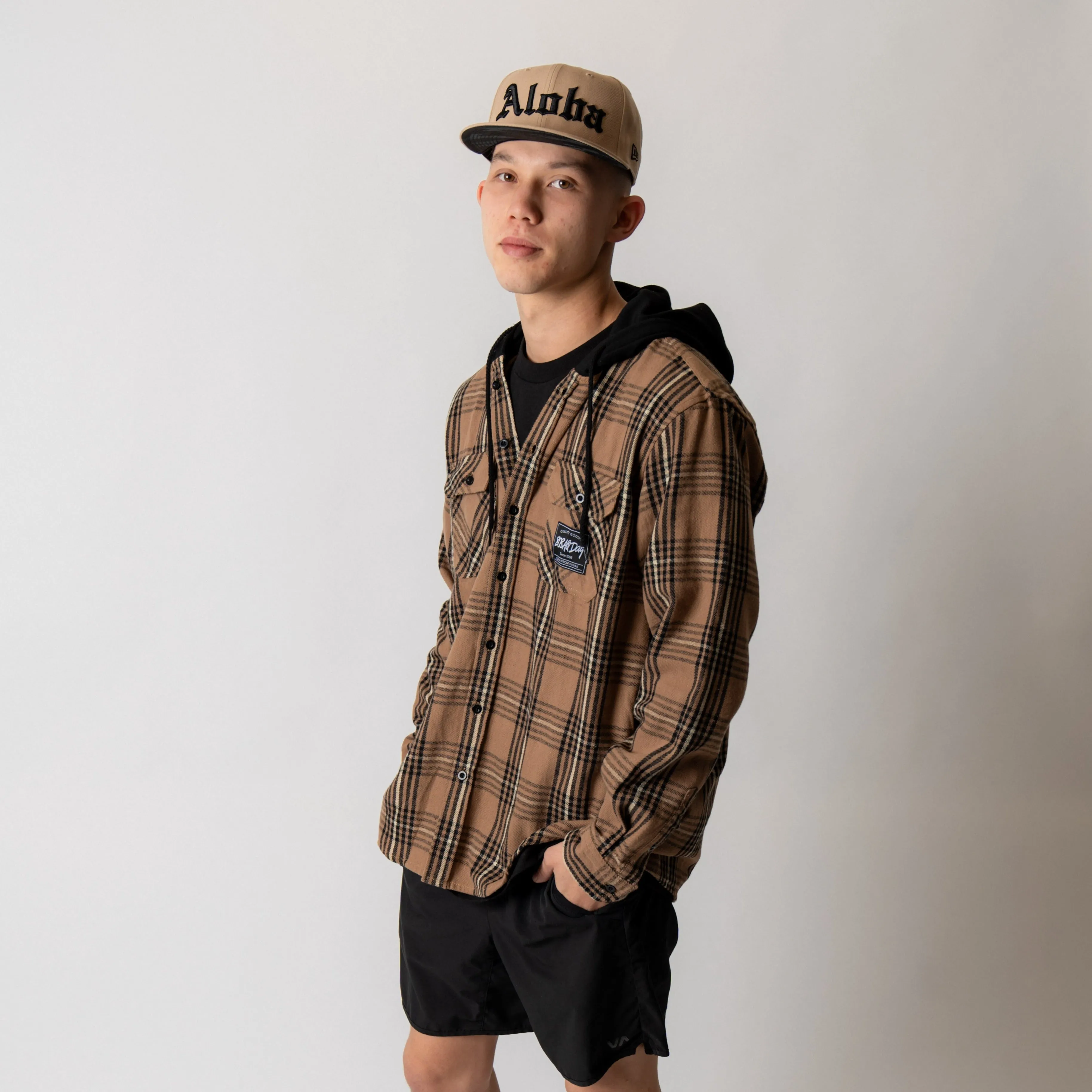 808ALLDAY Tan/Black Hooded Flannel