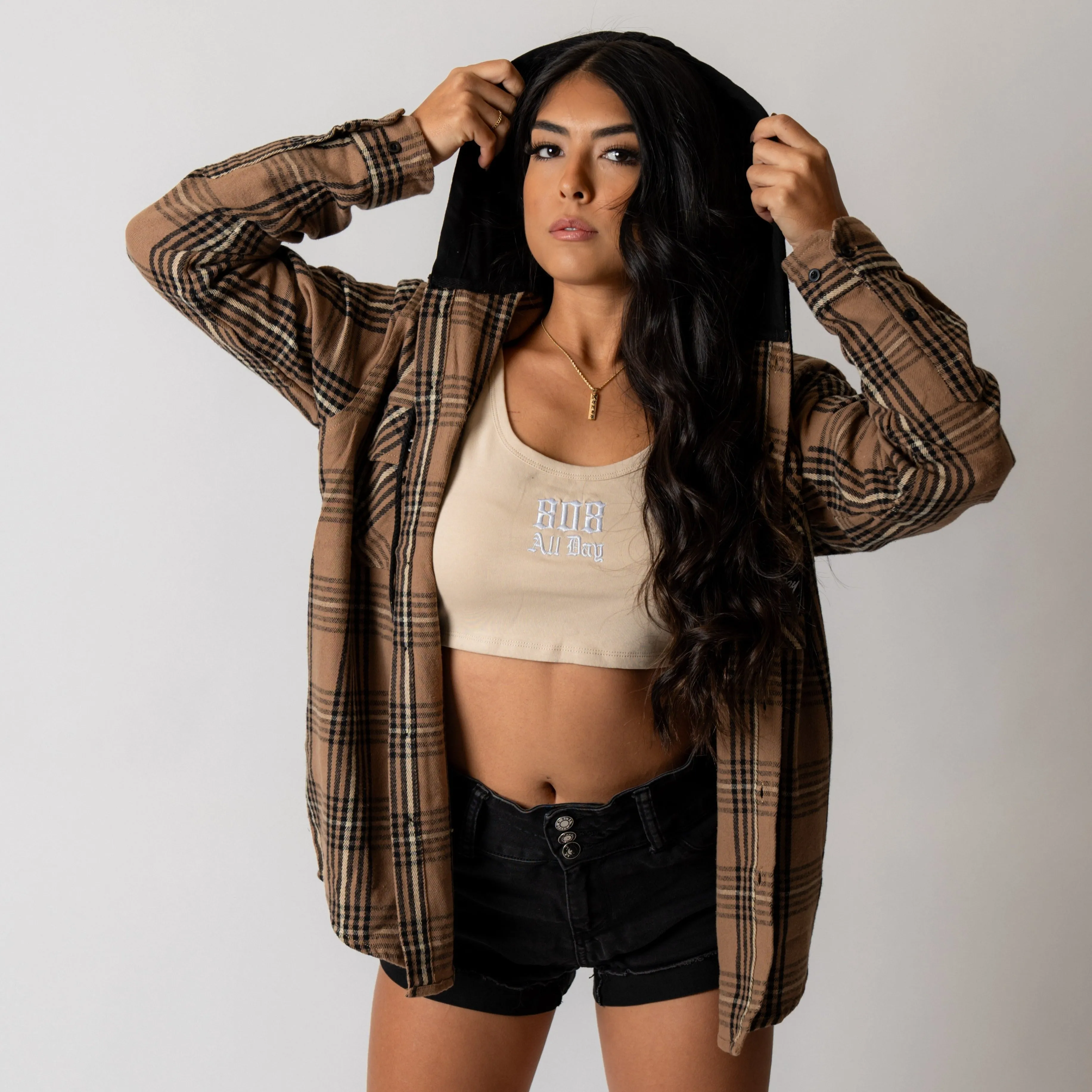 808ALLDAY Tan/Black Hooded Flannel