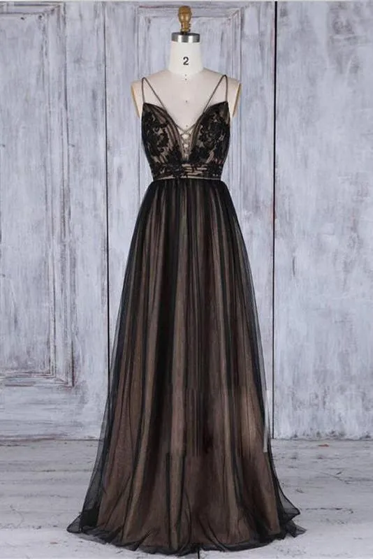 A Line Black Tulle V Neck Backless Lace Appliques Prom Dresses Simple Evening Dresses JS874