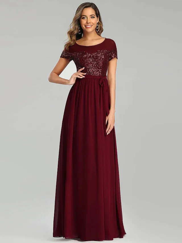 A-Line Bridesmaid Dress Jewel Neck Short Sleeve Elegant Floor Length Chiffon with Sash / Ribbon / Sequin