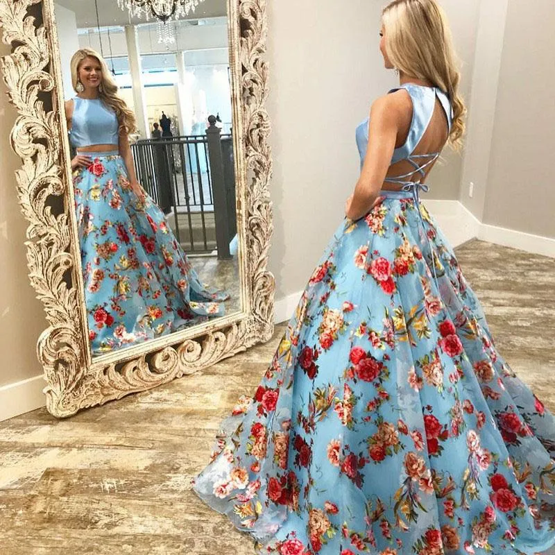 A Line Floral Two Piece Round Neck Sweep Train Blue Organza Prom Dresses JS182