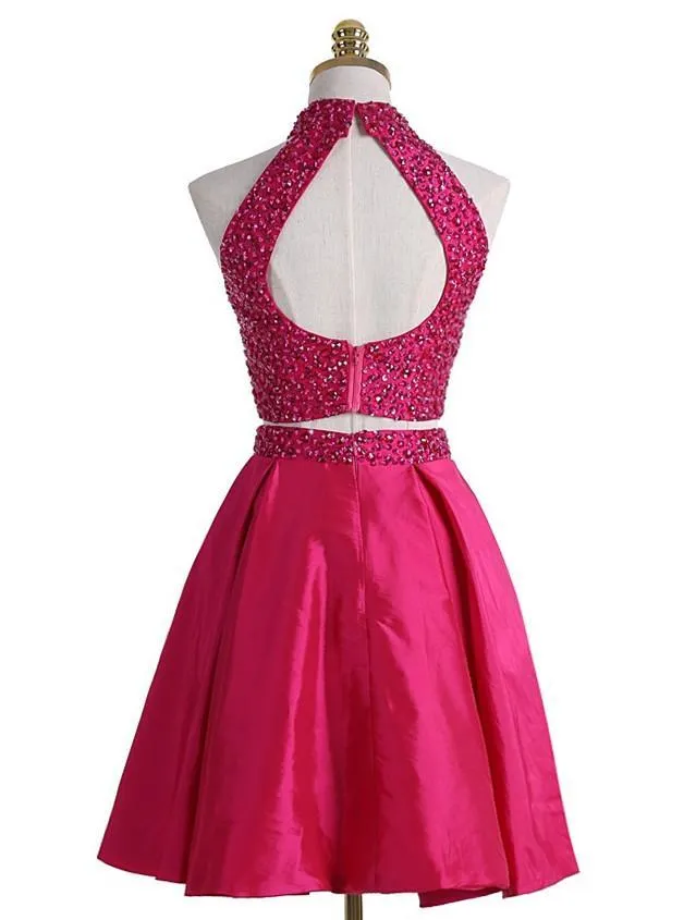 A-line Halter Mini Satin Short Fuchsia Two Piece Homecoming Dresses With Rhine Stones APD2727