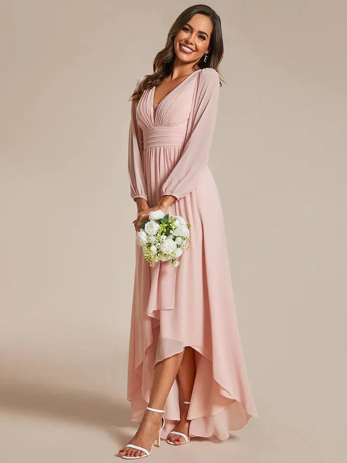 A-Line Pleated See-Through Long Lantern Midi Chiffon Bridesmaid Dress