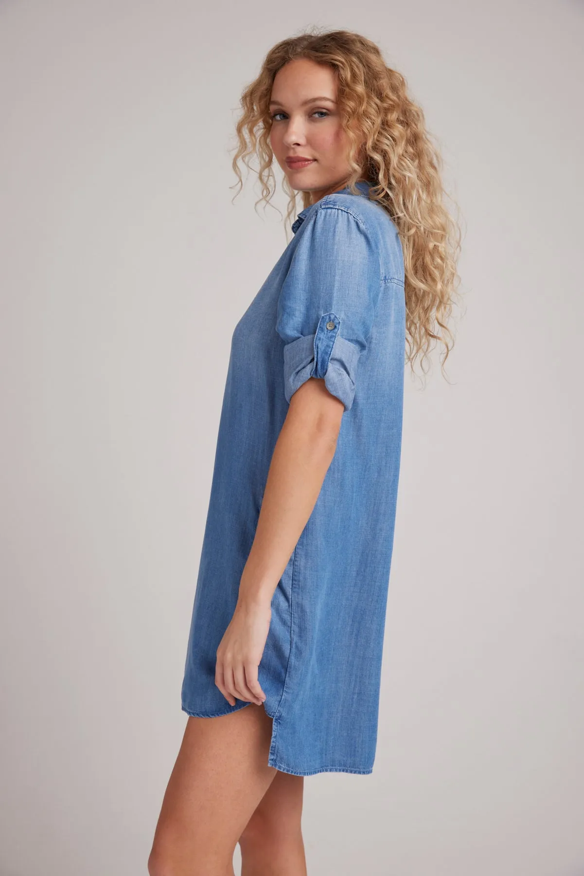 A-Line Rolled Tab Sleeve Dress - Medium Ombre Wash