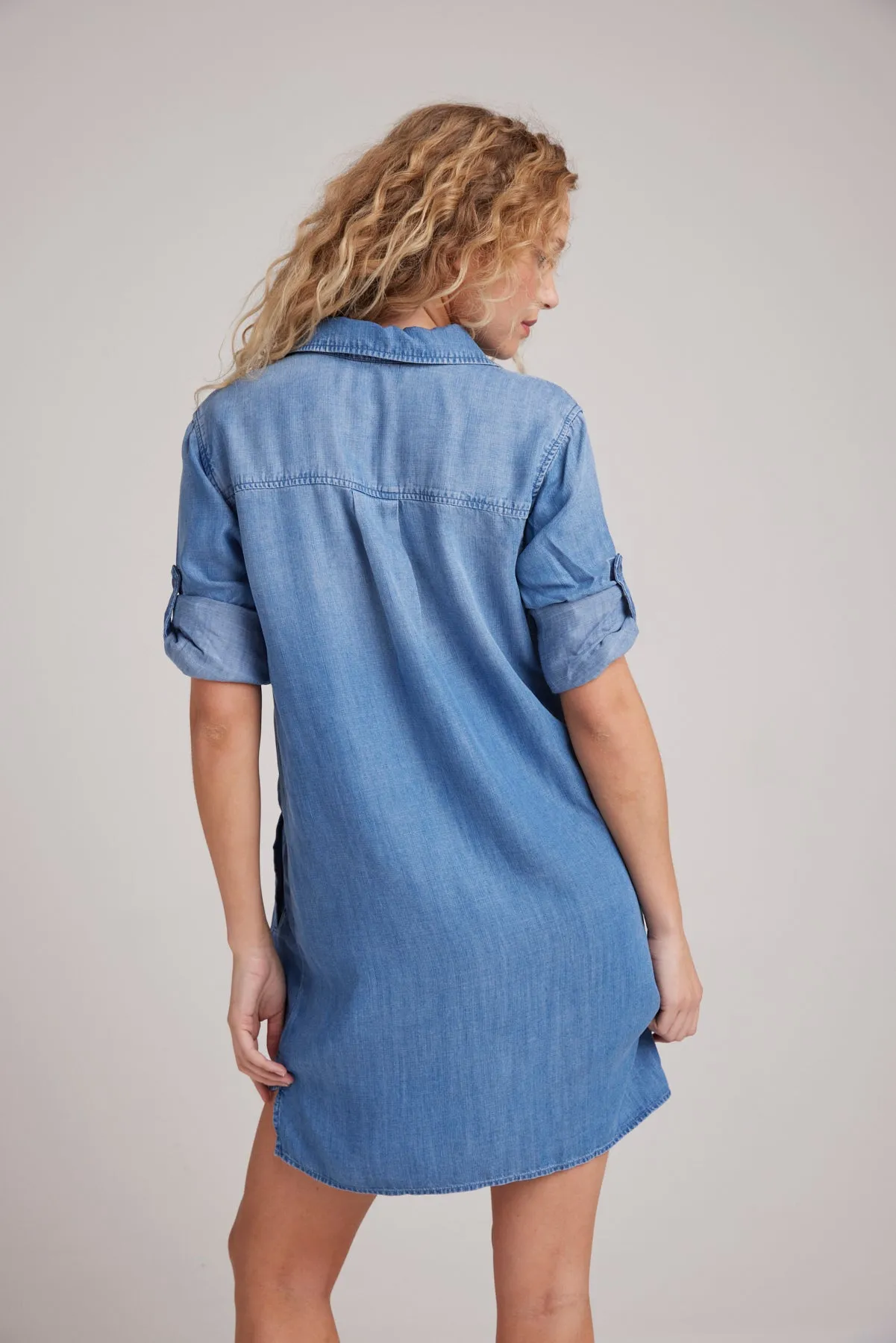 A-Line Rolled Tab Sleeve Dress - Medium Ombre Wash