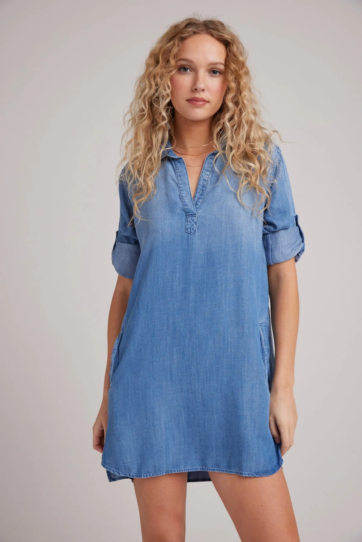 A-Line Rolled Tab Sleeve Dress - Medium Ombre Wash