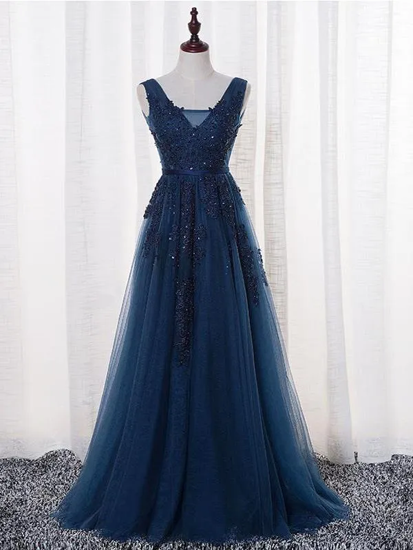 A-line V-neck Beaded Navy Blue Lace Prom Dress ,Cheap Prom Dresses,PDY0411