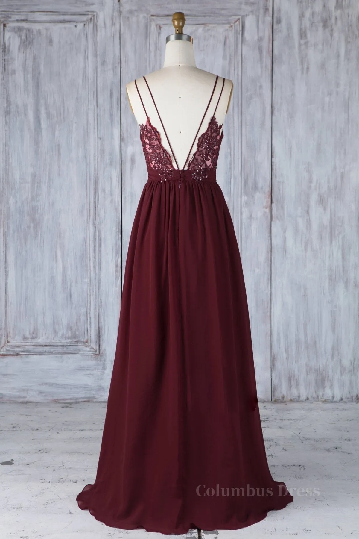 A Line V Neck Burgundy Chiffon Long Prom Dress with Lace Back, V Neck Lace Back Burgundy Formal Graduation Evening Dress