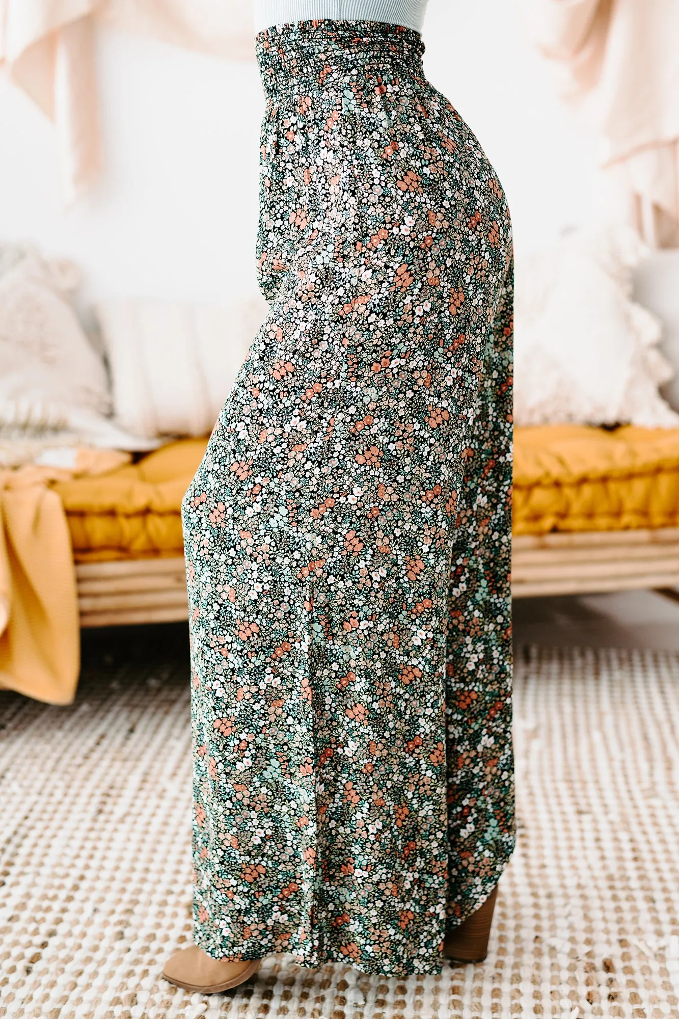 After-Bloom Delight Smocked Waist Palazzo Pants (Black Multi)