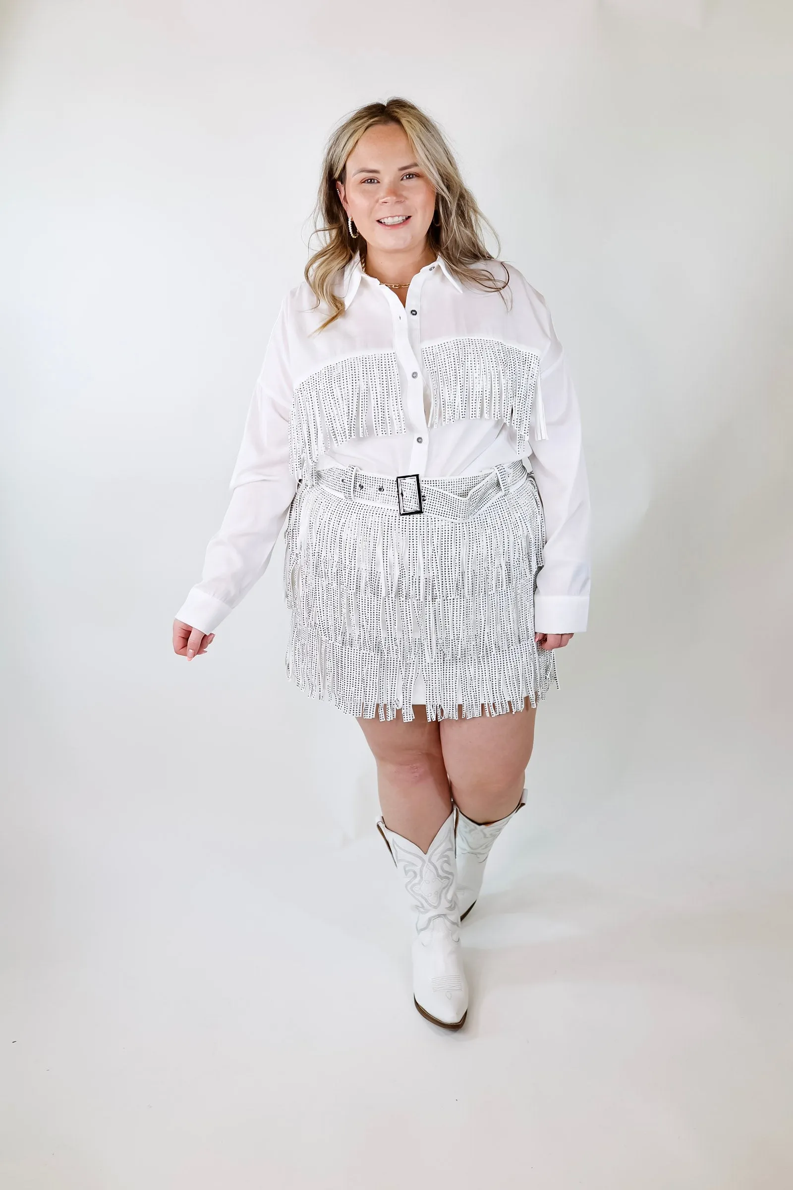 All That Shimmers Crystal Fringe Button Up Top with Long Sleeves in White