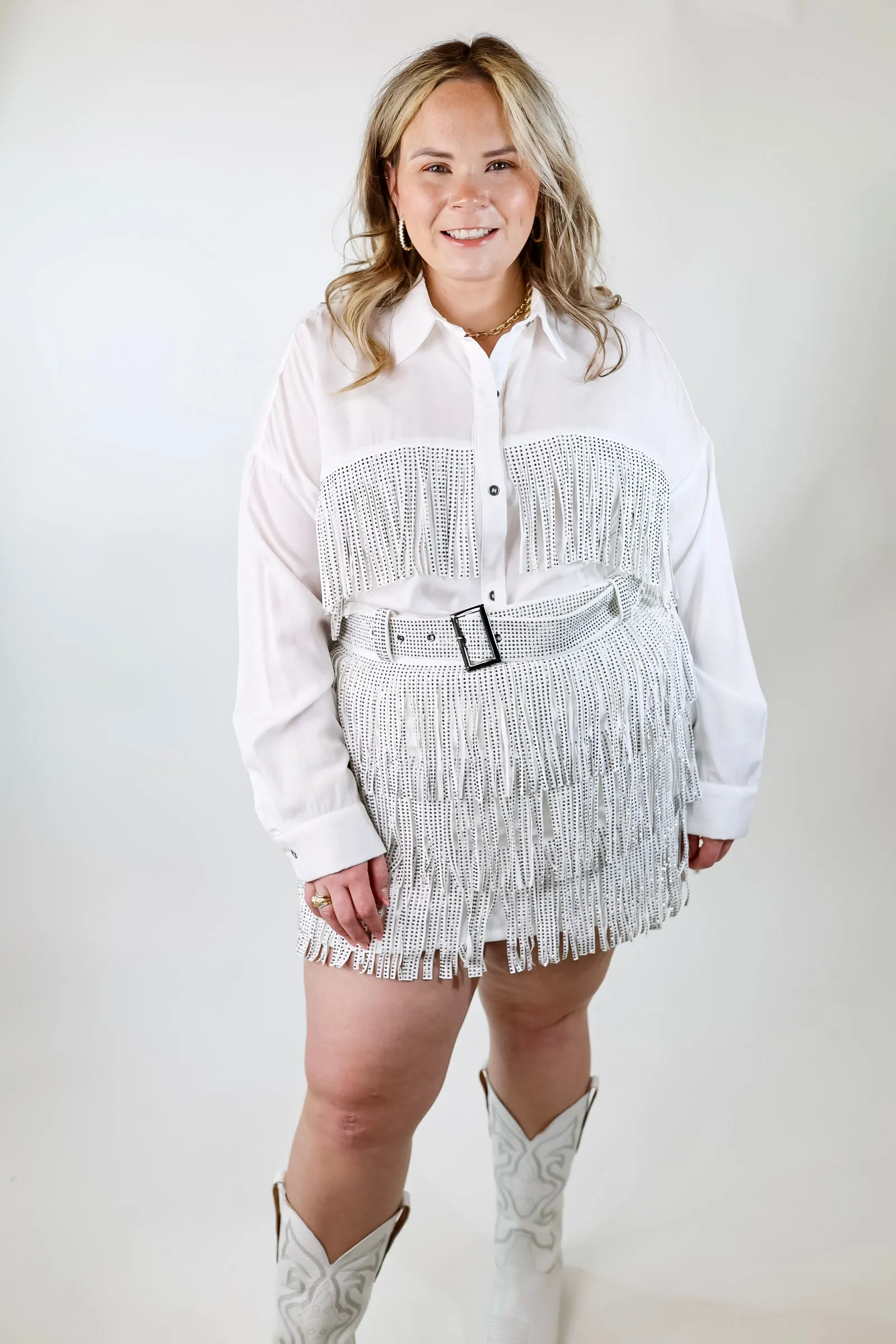 All That Shimmers Crystal Fringe Button Up Top with Long Sleeves in White