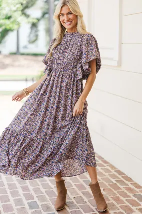 All The Good Plum Ditsy Floral Ruffled Midi Dress