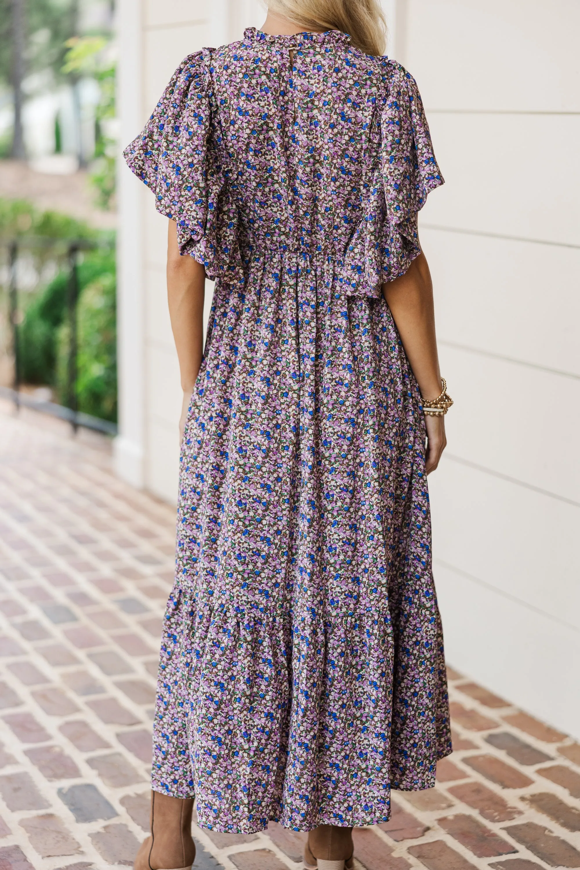 All The Good Plum Ditsy Floral Ruffled Midi Dress