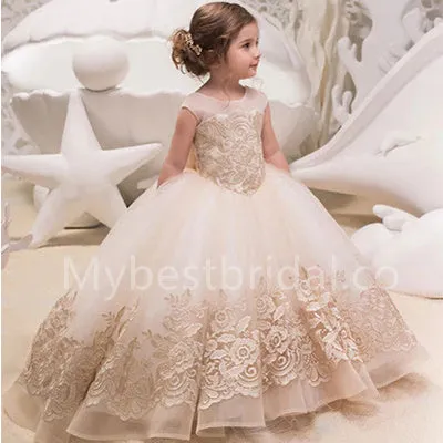 Beautiful Sleeveless Lace Applique Tulle A Line FlowerGirl Dresses, FGS0029