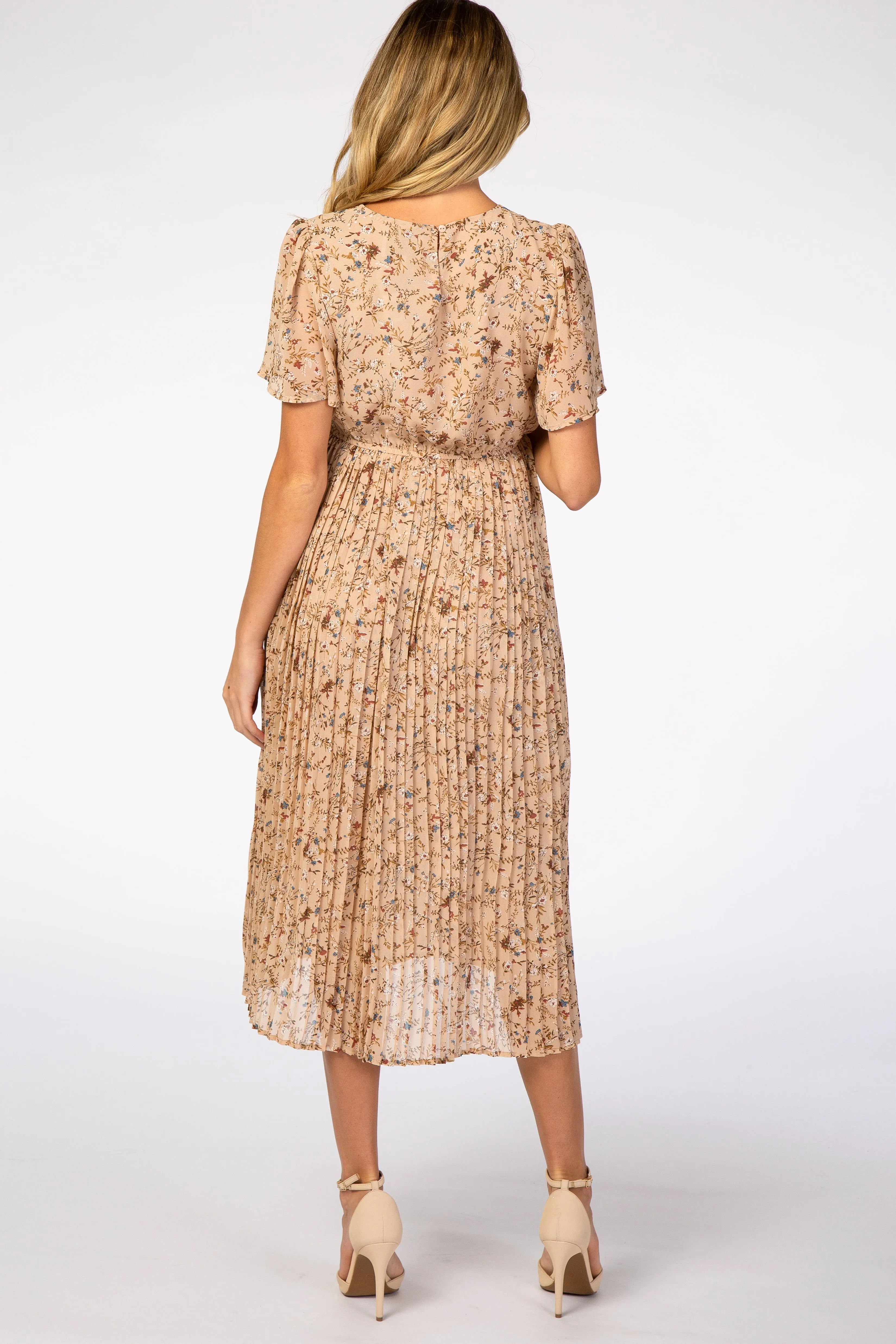 Beige Floral Pleated Short Sleeve Chiffon Maternity Midi Dress