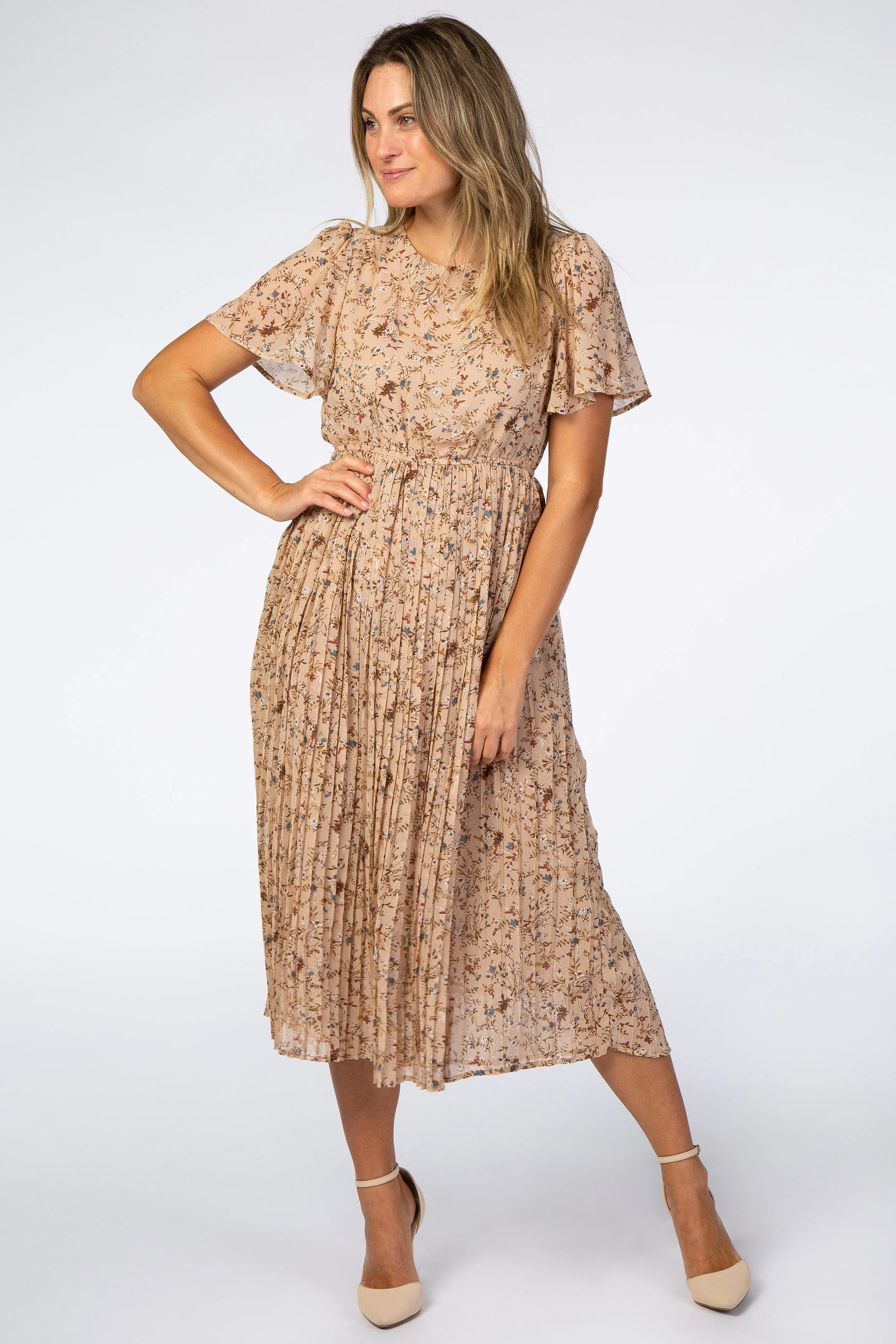 Beige Floral Pleated Short Sleeve Chiffon Maternity Midi Dress