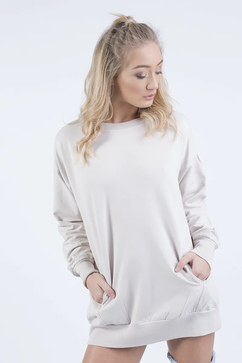 Beige Oversized Ruched Sleeve Jumper Dress - Hayley