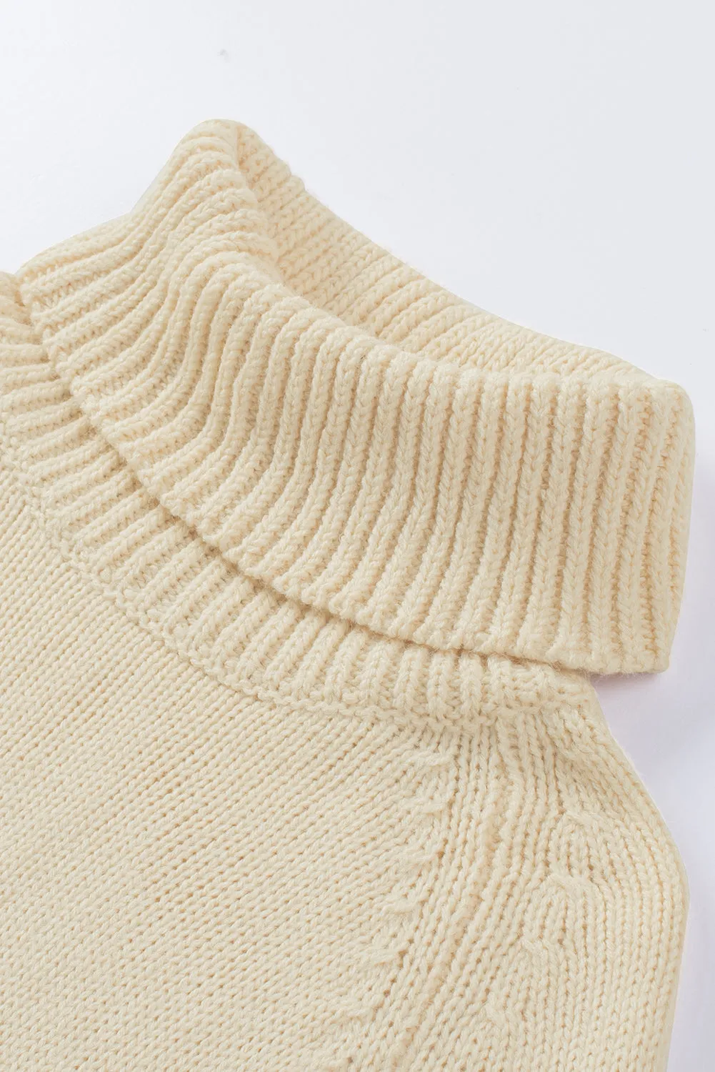 Beige Ribbed Detail Turtle Neck Sweater