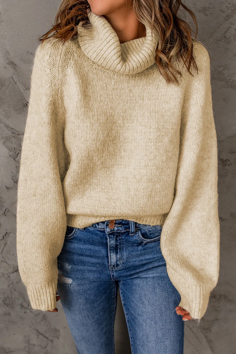 Beige Ribbed Detail Turtle Neck Sweater