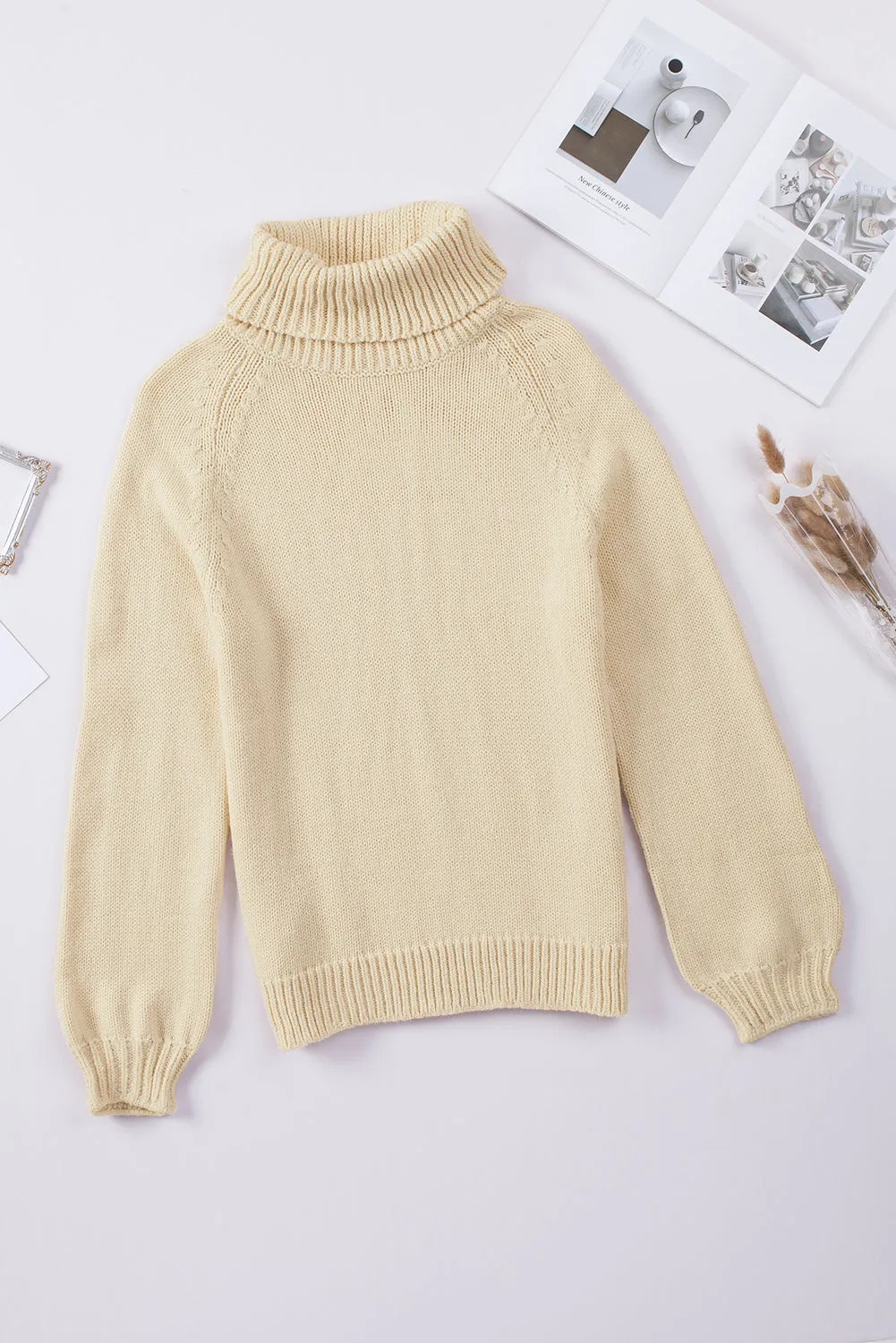 Beige Ribbed Detail Turtle Neck Sweater