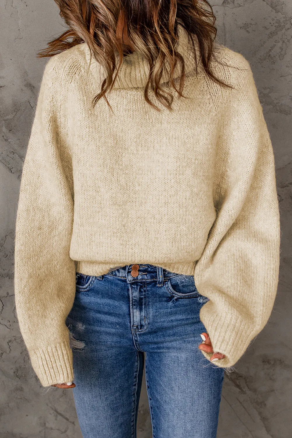 Beige Ribbed Detail Turtle Neck Sweater