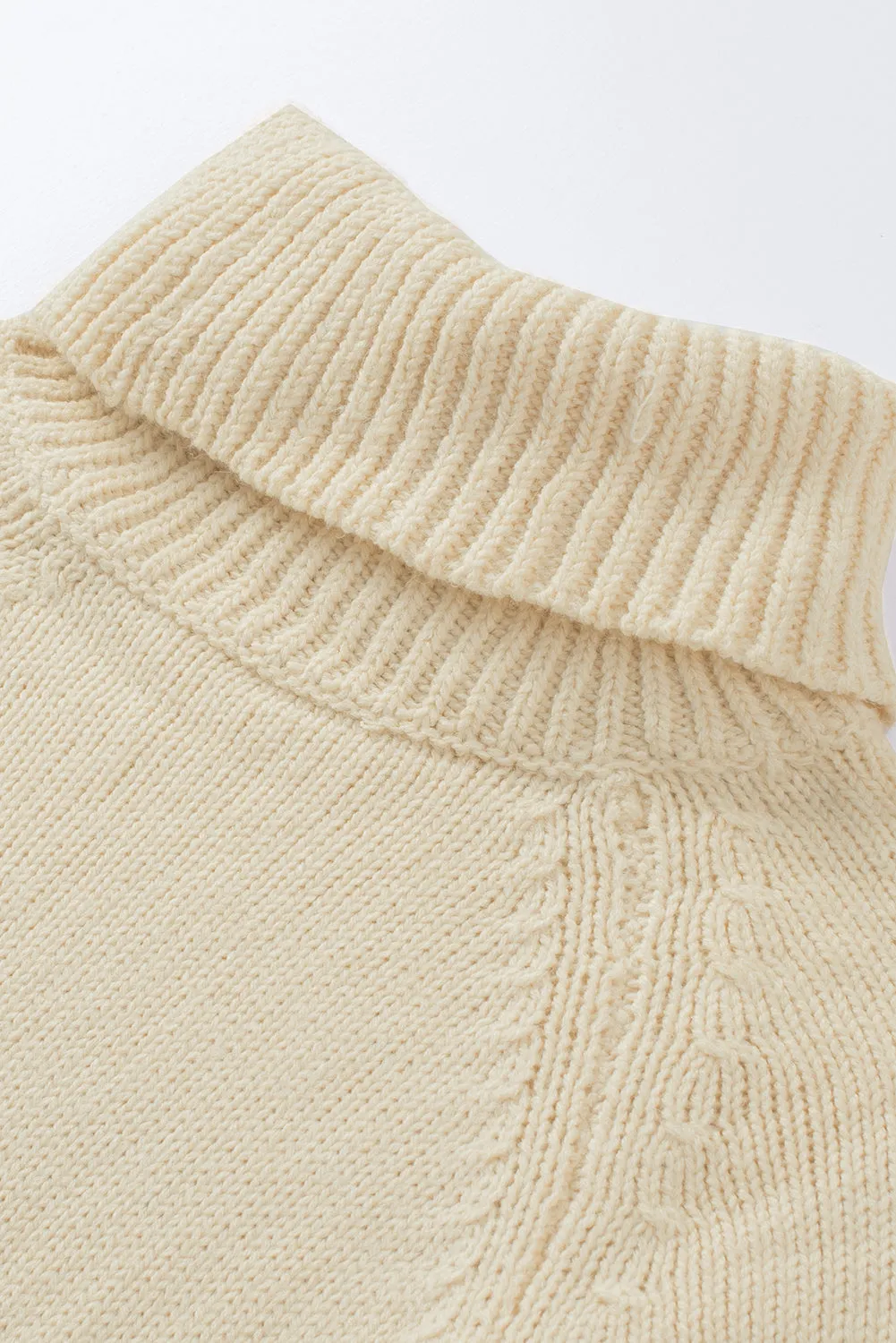 Beige Ribbed Detail Turtle Neck Sweater