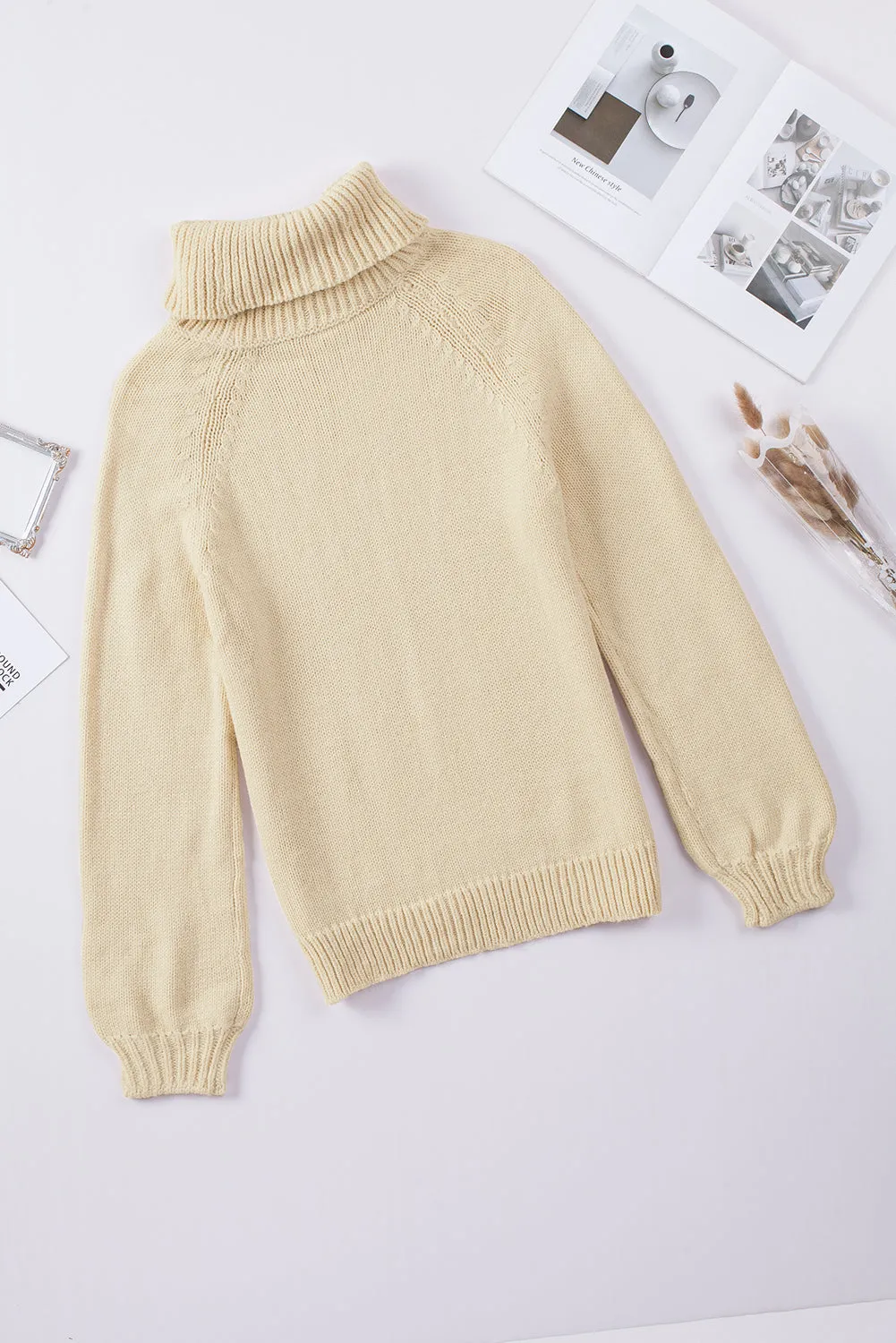 Beige Ribbed Detail Turtle Neck Sweater