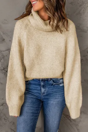 Beige Ribbed Detail Turtle Neck Sweater