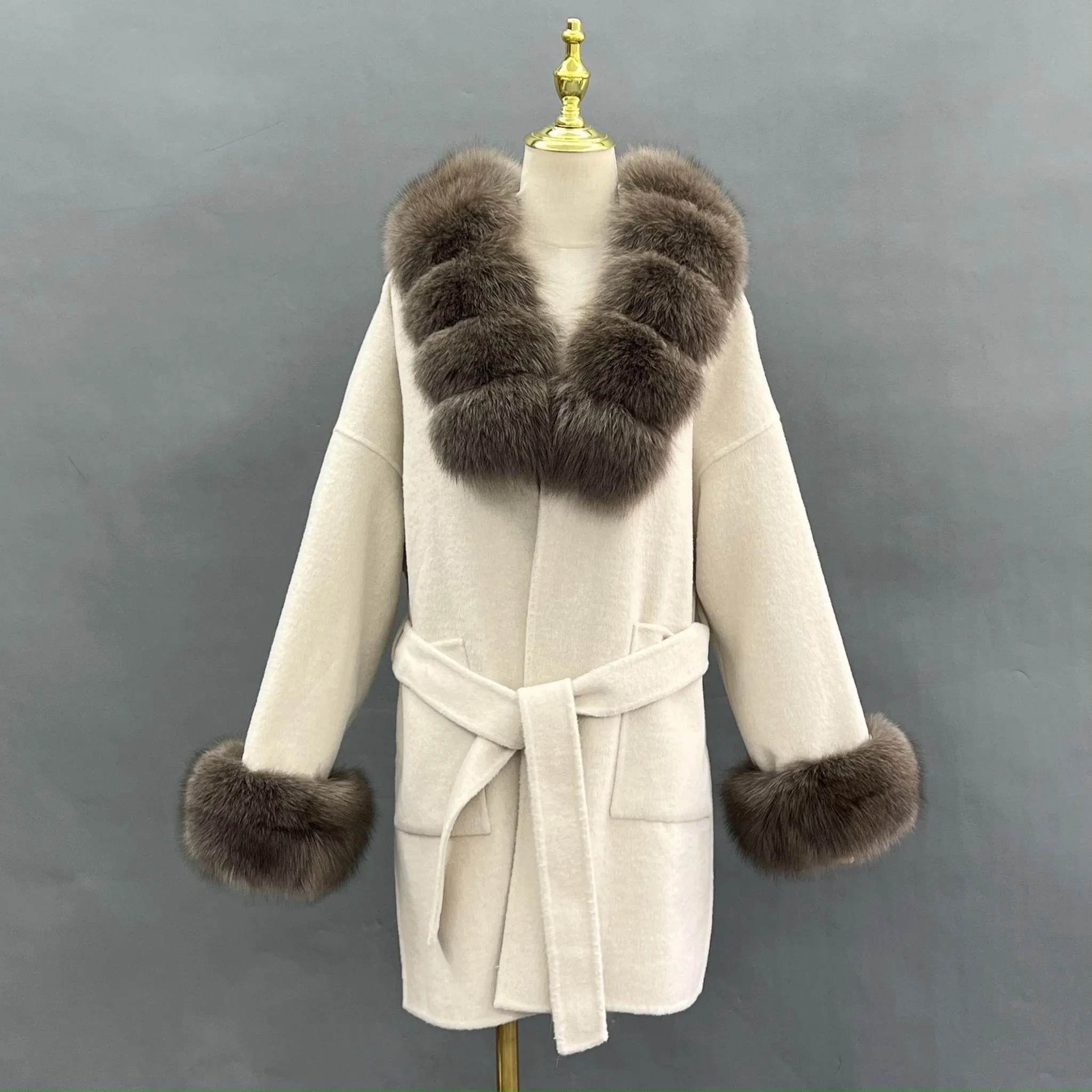 Beige/Chocolate Cashmere Coat With Fox Fur Trim