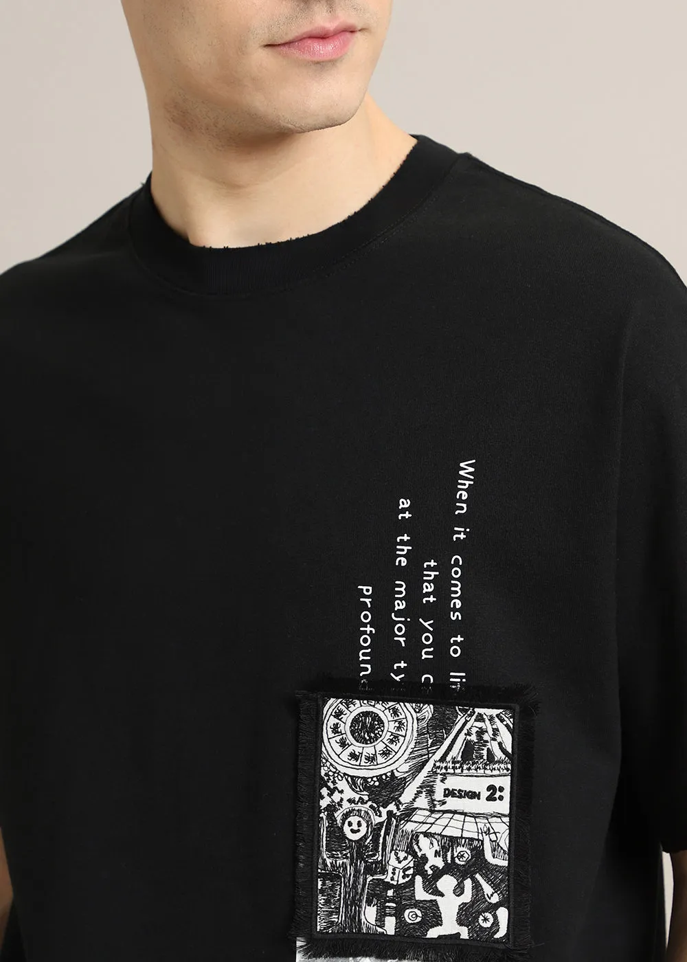 Black Applique Printed Oversized T-shirt