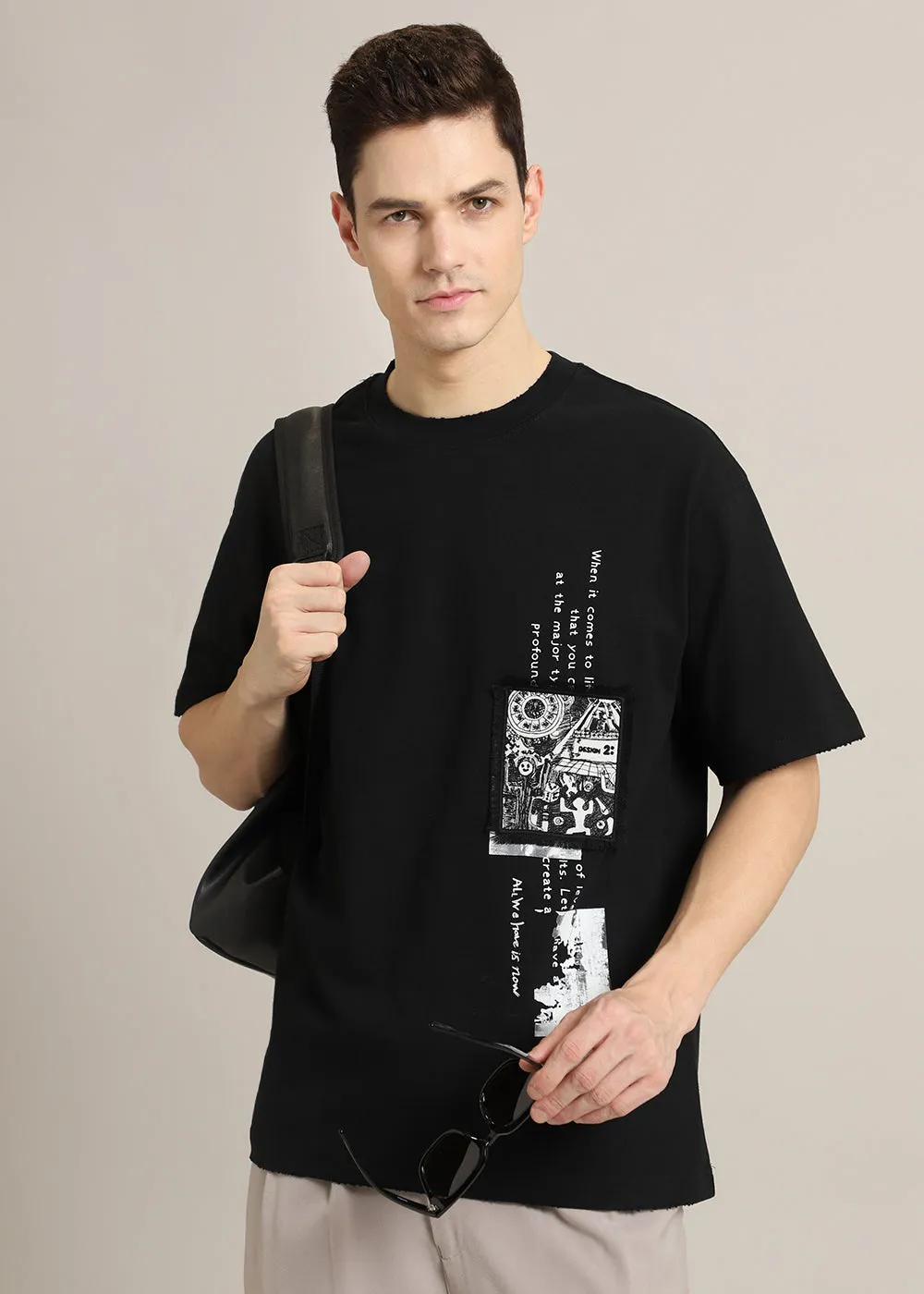 Black Applique Printed Oversized T-shirt