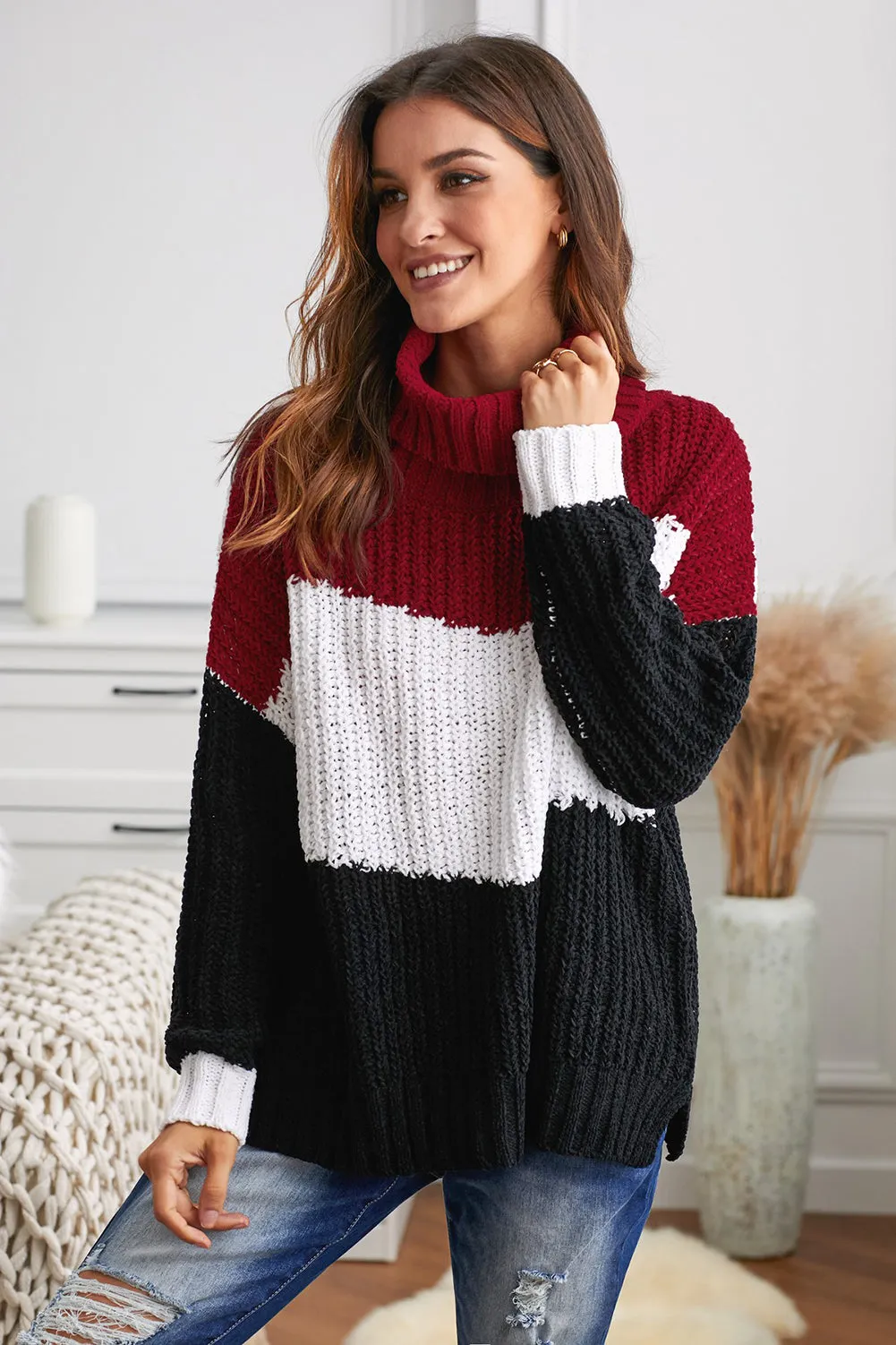 Black Color Block Cowl Neck Cable Knit Sweater