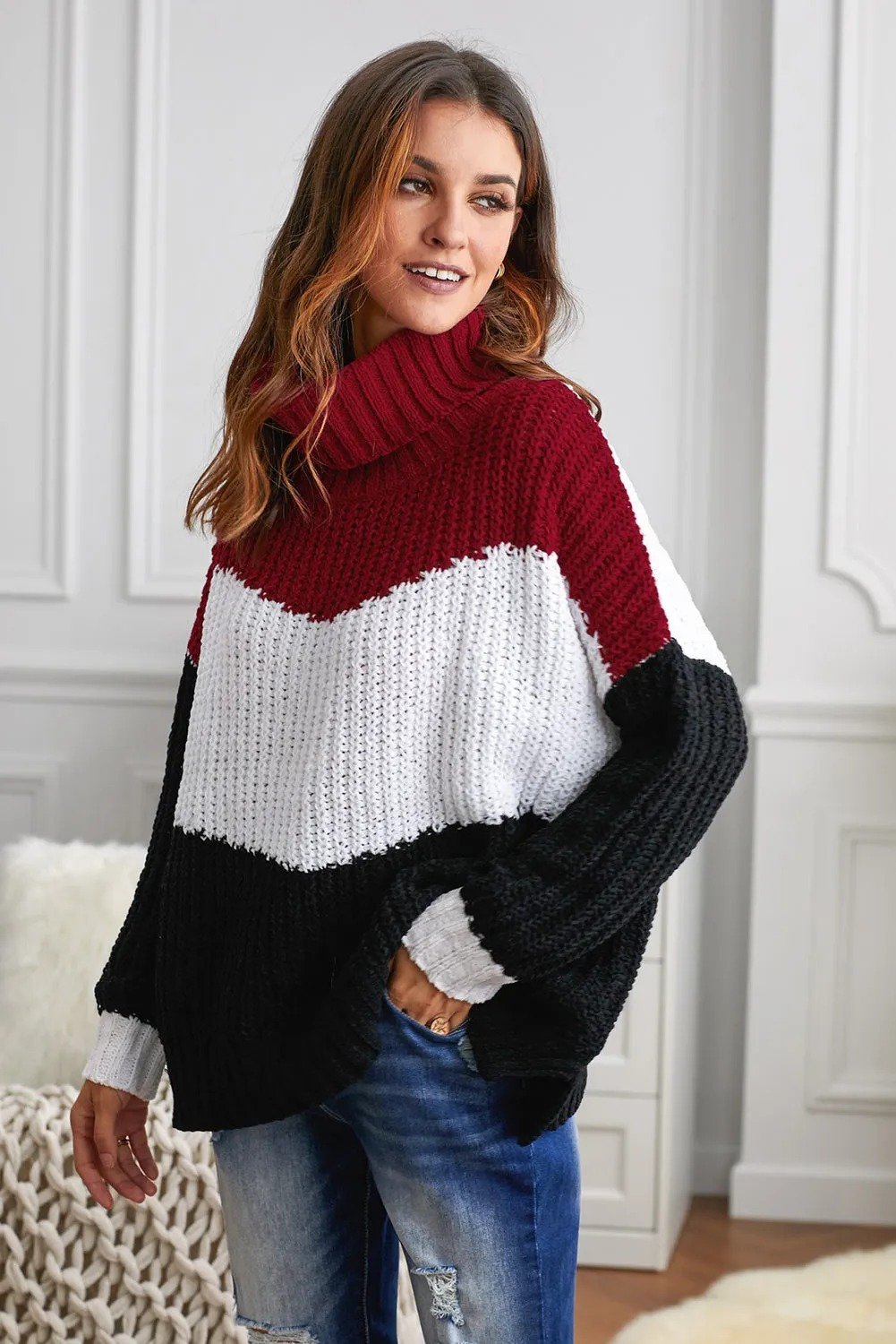 Black Color Block Cowl Neck Cable Knit Sweater