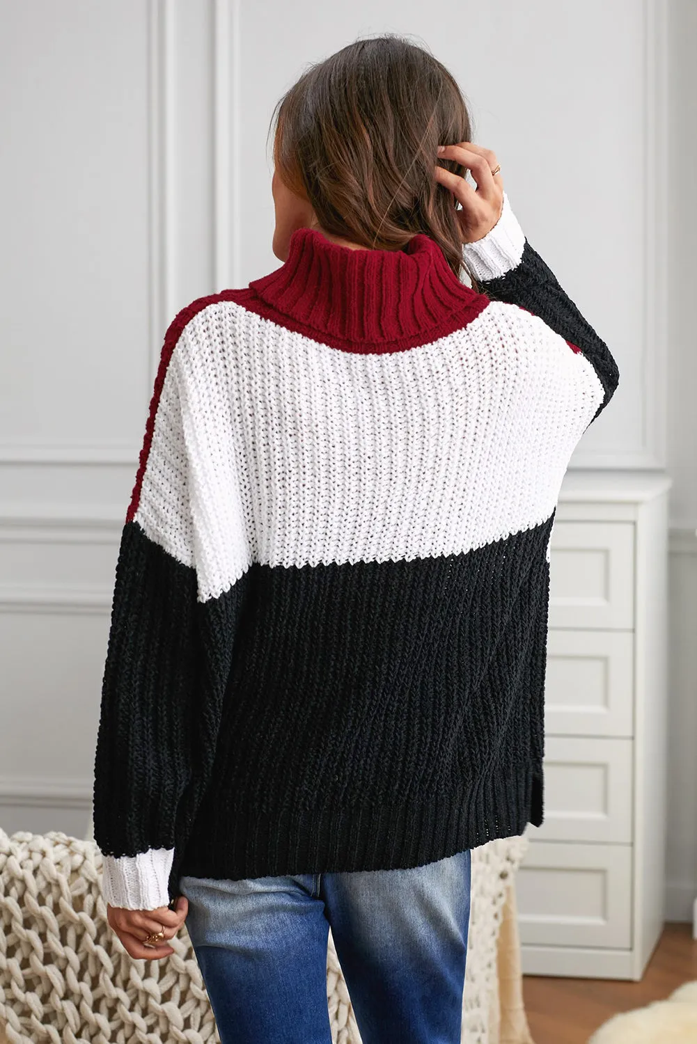 Black Color Block Cowl Neck Cable Knit Sweater