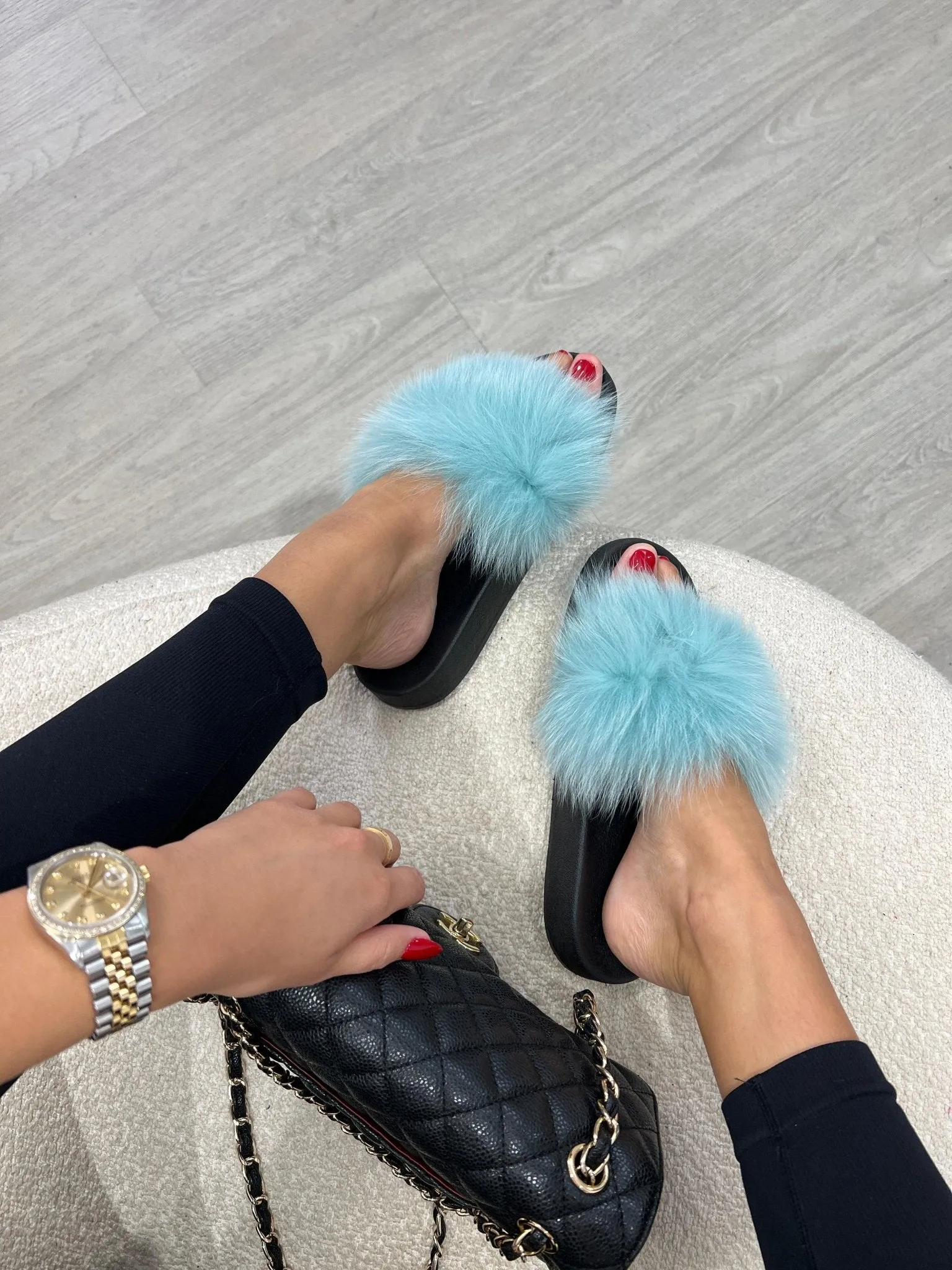 Blue Luxury Fur Sliders