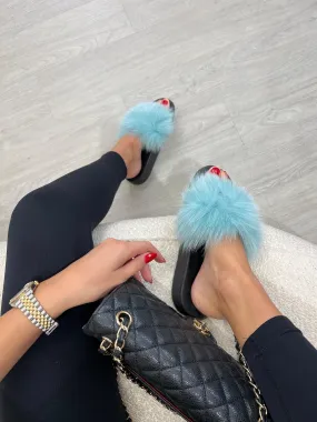 Blue Luxury Fur Sliders