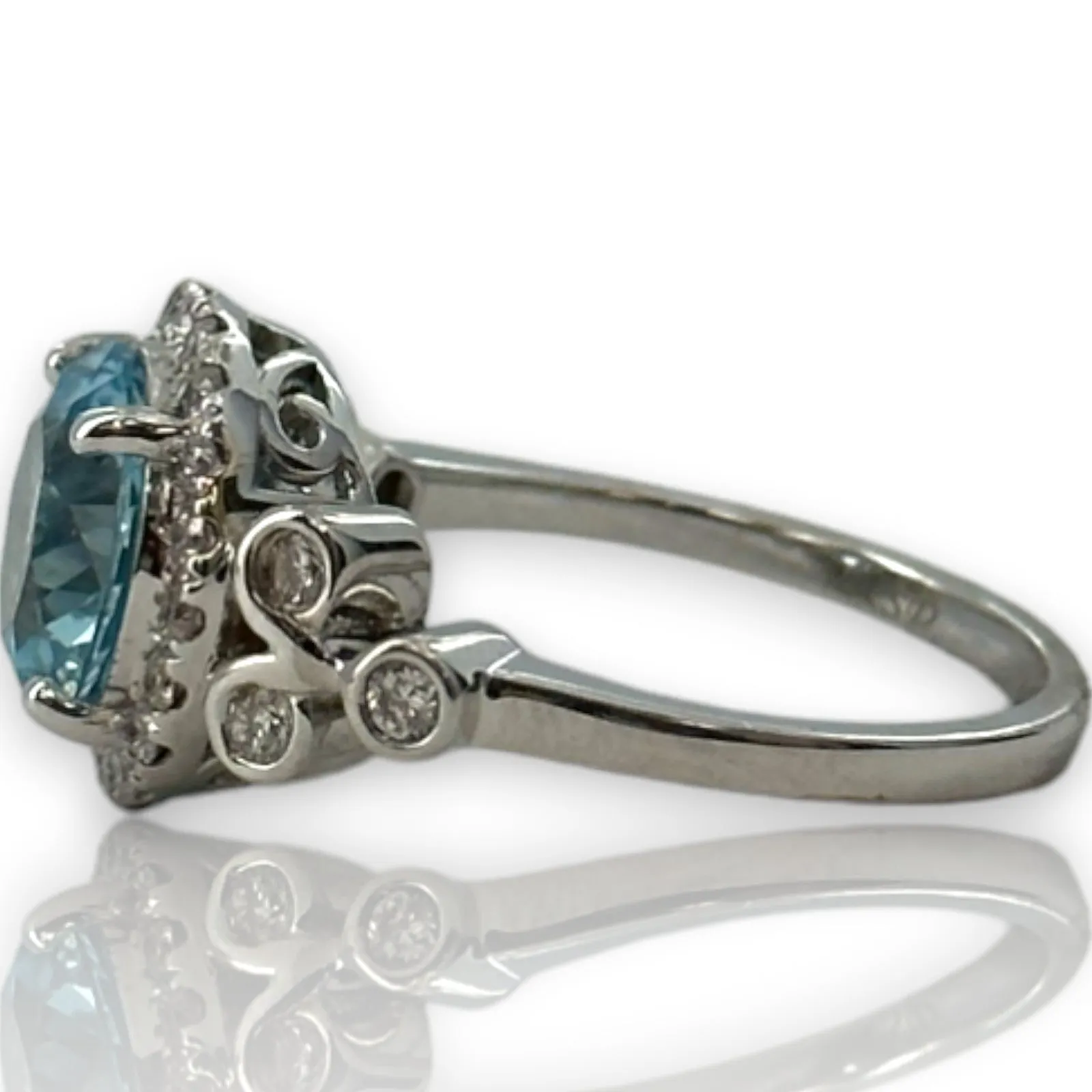 Blue Topaz Solitaire Ring with Diamond Halo and Accents Size 7 Solid 14kt White Gold