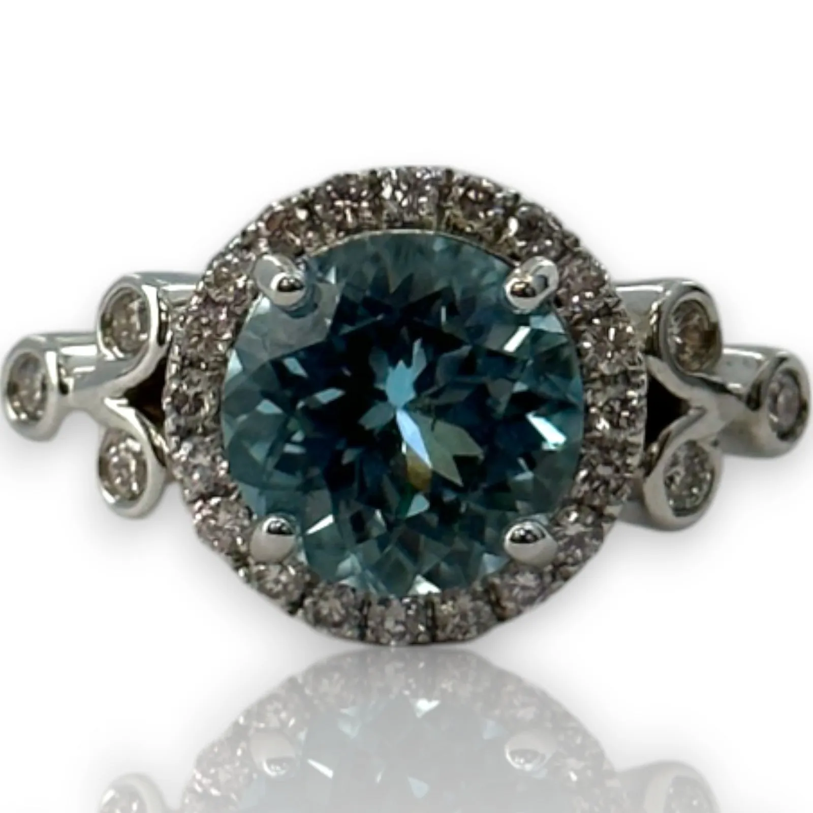 Blue Topaz Solitaire Ring with Diamond Halo and Accents Size 7 Solid 14kt White Gold