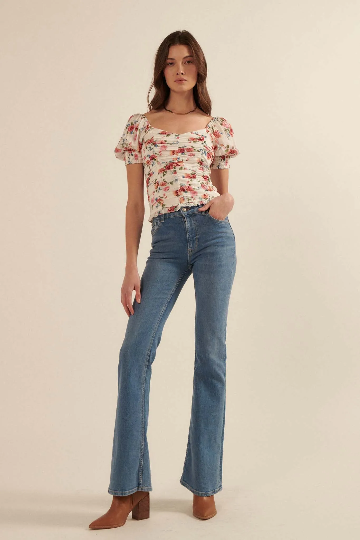 Blushing Roses Ruched Floral Puff-Sleeve Top