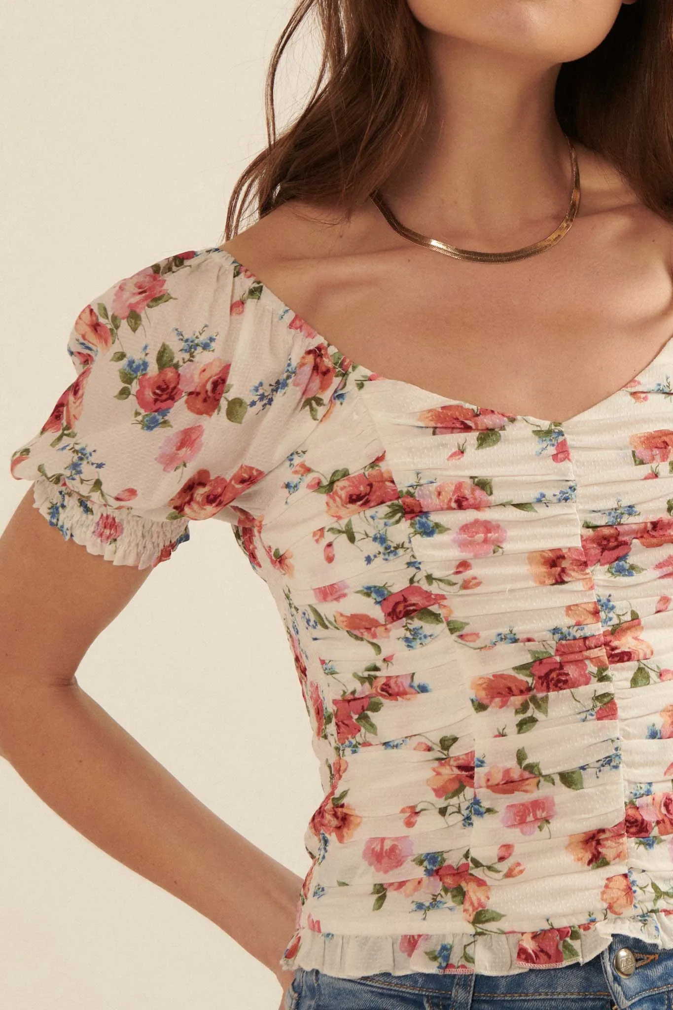 Blushing Roses Ruched Floral Puff-Sleeve Top