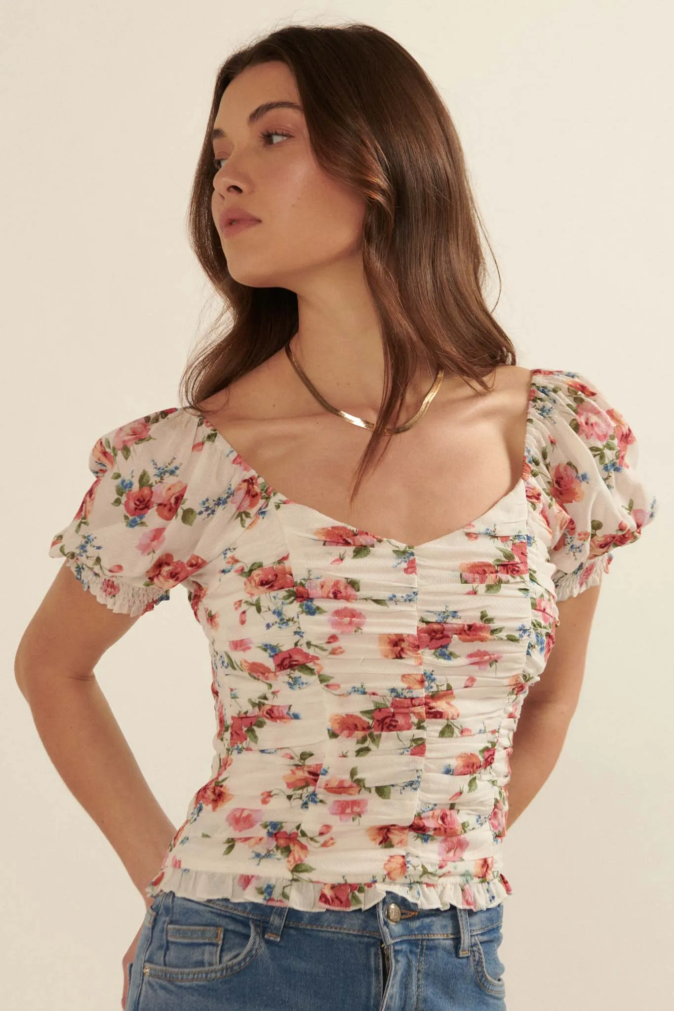 Blushing Roses Ruched Floral Puff-Sleeve Top