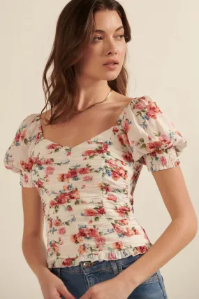 Blushing Roses Ruched Floral Puff-Sleeve Top