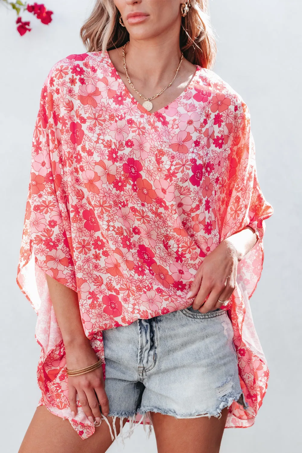 Boho Floral V Neck Kimono Style Blouse